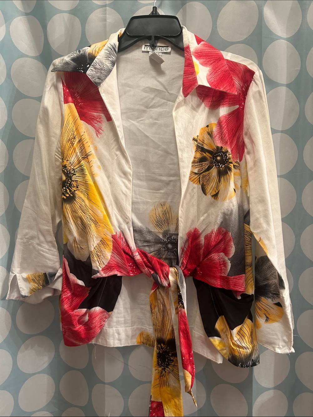 Floral Tie-Front Button-Down Shirt in White with Red & Yellow Blooms